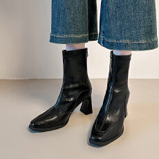2025年新款法式复古瘦瘦靴高跟显瘦粗跟短靴女后拉链弹力靴新款