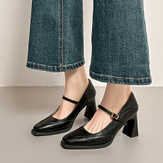 法式高跟玛丽珍鞋女黑色2025春季一字扣带粗跟方头浅口单鞋