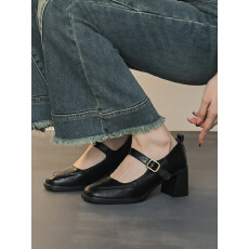 批发2025年新款<b class='q'>复古</b>法式单鞋女粗跟不累脚高跟鞋子黑色方头玛丽珍鞋