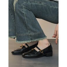 软底一脚蹬乐福鞋女2025秋冬新款粗跟单鞋山茶花小皮鞋