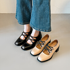 批发2026年新款复古软底交叉带玛丽珍鞋女气质粗跟浅口单鞋