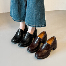 批发复古风高跟乐福鞋静音底真皮圆头皮鞋增高耐穿单鞋2026新款