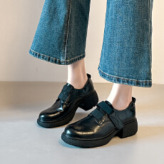原创高定版巨舒服踩屎感超软复古粗跟乐福单鞋女厚底圆头皮鞋