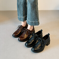 批发牛皮版~英伦风厚底小皮鞋女2026新款系带秋粗跟黑色乐福鞋