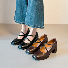 批发复古方头粗跟玛丽珍2026春季单鞋女百搭高跟鞋