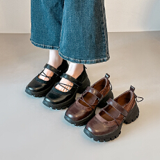 批发2026~春<b class='q'>秋</b>复古魔术贴休闲玛丽珍鞋子女浅口粗跟单鞋厚底运动鞋