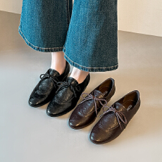 批发牛皮版~2026<b class='q'>英伦</b>老钱粗跟乐福鞋女新款百搭复古通勤系带小皮鞋