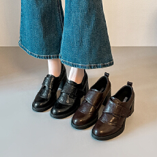 批发高跟乐福鞋女2026新款巨好看真皮<b class='q'>英伦</b>风小个子粗跟单鞋棕色小皮鞋