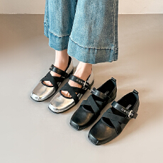 羊皮版~法式芭蕾风交叉带方头玛丽珍鞋女一字扣浅口运动平底单鞋