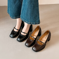 批发2026春秋法式浅口粗跟单鞋方头高跟鞋女气质高级不累脚玛丽珍鞋