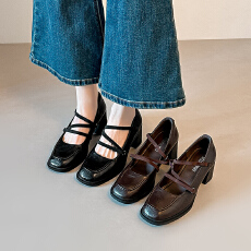 批发2026复古<b class='q'>通勤</b>真皮黑色粗跟玛丽珍鞋绝美气质软底方头高跟鞋女