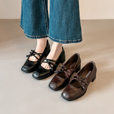 批发春季新款复古方头粗跟玛丽珍单鞋子通勤浅口气质法式高跟小皮鞋女