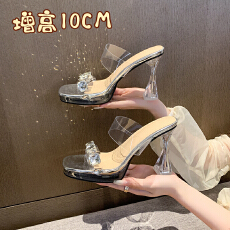 批发10CM凉拖鞋女夏时尚透明一字粗跟超高跟防水台水晶跟凉鞋模特走秀