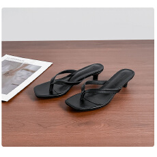 羊皮夹趾凉鞋女人字拖高跟中细跟夹脚外穿时尚真皮方头凉拖鞋夏季