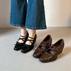桃喜法式绝美蝴蝶结复古玛丽珍浅口小皮方头单鞋女士中粗跟不累脚