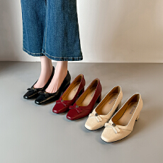 批发软面皮蝴蝶结一脚蹬浅口真皮高跟单鞋女<b class='q'>英伦</b>风山茶花通勤小皮鞋