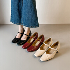 批发软皮版中坡跟5.5CM<b class='q'>春</b>季法式百搭通勤真皮方头浅口复古玛丽珍单鞋