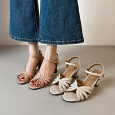 软皮版~圆头露趾罗马鞋女法式气质温柔外穿镂空一字带凉鞋夏