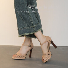 批发<b class='q'>欧美</b>复古时尚编织镂空鱼嘴一字带凉鞋女防水台粗跟高跟鞋