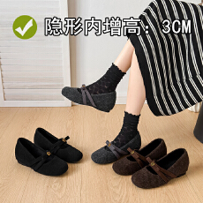 秋冬新款内增高4cm~内增高蝴蝶结平底加绒玛丽珍毛毛单鞋秋冬新款