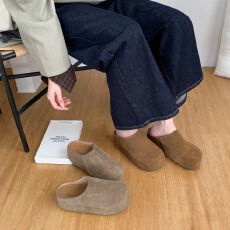 批发zuyaolan真皮厚底一脚蹬勃肯鞋女内增高5厘米新款复古包头半拖鞋