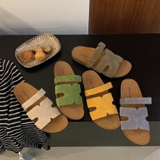 批发真皮夏新款魔术贴一脚蹬H鞋面亮色清新<b class='q'>休闲</b>百搭内增高勃肯凉鞋