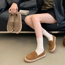 批发真皮版秋<b class='q'>冬</b>新款复古乐福鞋女一脚蹬舒适草编厚底通勤休闲渔夫单鞋
