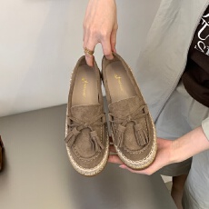 批发真皮版 秋<b class='q'>冬</b>新款复古乐福鞋女一脚蹬舒适草编厚底通勤休闲渔夫鞋