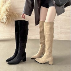批发长靴女2025秋冬新款高跟粗跟方头宽筒堆堆靴高筒不过膝骑士靴卡其