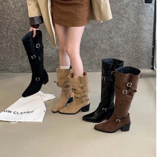 批发过膝长靴女粗跟长筒靴2025年秋冬季大腿围靴子法式高跟褶皱堆堆靴