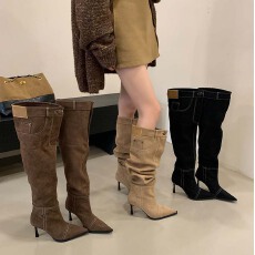 批发高跟辣妹风尖头牛仔靴女鞋2025年秋冬新款堆堆靴细跟复古法式单靴