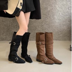 批发复古牛翻皮皮带扣粗跟西部牛仔靴两穿翻领高筒骑士靴棕色长筒靴女