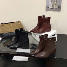 批发坡跟高跟短靴2025新款秋冬尖头弹力瘦瘦靴子黑色复古百搭马丁靴女