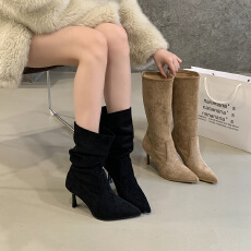 升级版~卡其色靴子女细跟2025新款尖头短靴高跟鞋显瘦中筒堆堆靴
