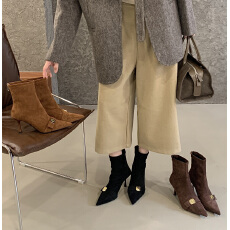 弹力显瘦高级感！黑色尖头金属扣高跟短靴秋冬新品后拉链瘦瘦靴女