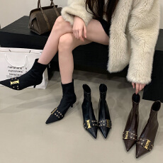 瘦瘦靴欧美时尚皮带装饰尖头时装靴细高跟短筒短靴女气质弹力靴子
