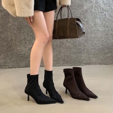 尖头靴子短靴女2025秋冬季女靴新款瘦瘦靴细跟短筒靴高跟鞋马丁靴
