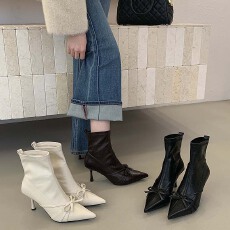 批发羊皮版~白色尖头细跟性感短靴女蝴蝶结高跟瘦瘦靴弹力高级感裸靴