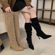 批发过膝长靴女一靴四穿加绒版2025秋<b class='q'>冬</b>季新款尖头细跟高跟褶皱堆堆靴