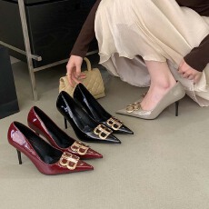 批发黑色高跟鞋女2026新款气质名媛御姐风性感法式职业字母金属双b扣