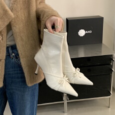 批发羊皮版~白色尖头细跟<b class='q'>性感</b>短靴女蝴蝶结高跟瘦瘦靴弹力高级感裸靴