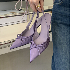 批发2026年春款跟高尖头前包后凉鞋高跟鞋女夏新款蝴蝶结浅口百搭凉鞋