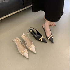 批发2026新款法式细跟高跟鞋伴娘婚鞋时尚蝴蝶结浅口尖头包头凉鞋鞋女