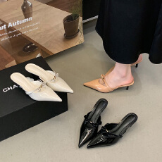 好美啊！！法式裸色尖头蝴蝶结浅口中跟鞋女春季后空凉鞋包头拖鞋