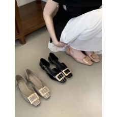 批发时尚方扣中空平底鞋女浅口包头凉鞋子一脚蹬玛丽珍鞋法式通勤单鞋