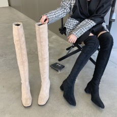 批发黑过膝长靴女款2026款秋冬方头粗高跟爆款鞋子瘦瘦靴高筒弹力靴子