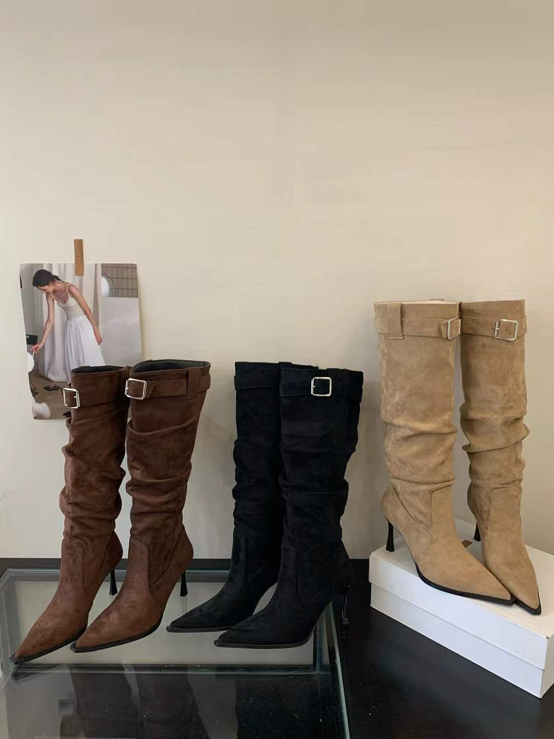 X-33549# 性感尖头绒面褶皱堆堆靴女高跟时尚皮带扣高筒瘦瘦靴细跟欧美长靴 女鞋批发靴子货源鞋子批发