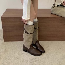 批发风靡家~复古风皮带扣绒面拼接西部骑士靴女显瘦粗跟不过膝长筒靴