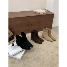 批发早秋方头坡跟绒面短靴高级感美拉德显瘦后拉链搭配裙子牛仔阔阔裤