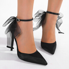 后跟大蝴蝶结 女士尖头中空细高跟超高跟鞋礼服鞋